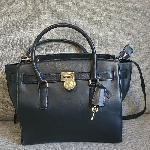 Michael Kors Leather Large Black Hamilton Satchel Or Crossbody With Lock And Key - Picture 1 of 11